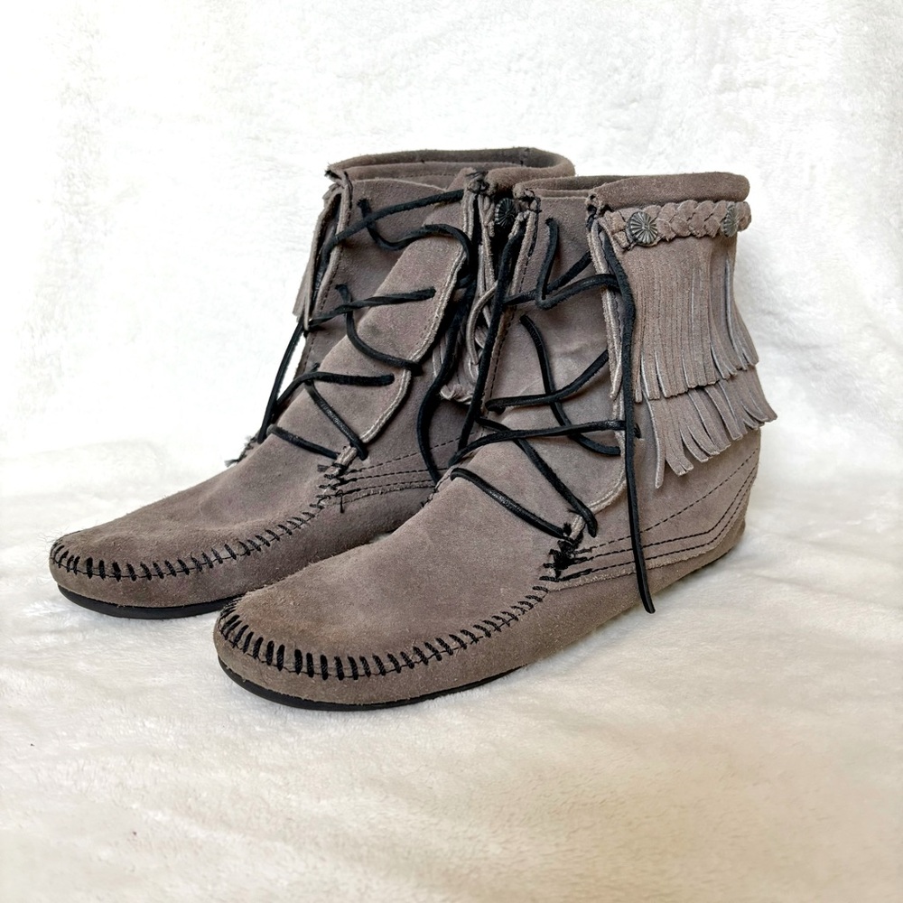 Minnetonka Soft Suede Fringe Shoe Boot Moccasin Grey